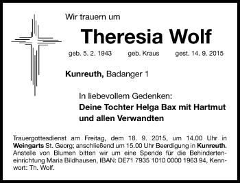 Traueranzeige von Theresia Wolf von Nordbayerische Nachrichten Forchheim Lokal