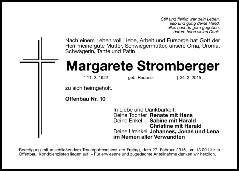 Traueranzeige für Margarete Stromberger vom 26.02.2015 aus Roth-Hilpoltsteiner Volkszeitung Lokal