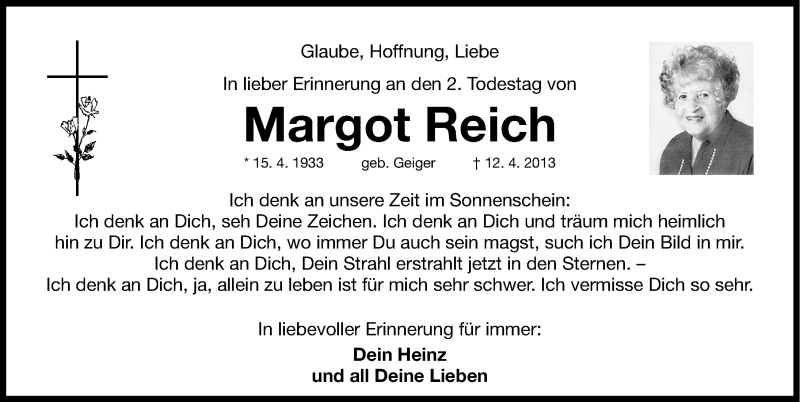  Traueranzeige für Margot Reich vom 11.04.2015 aus Fürther Nachrichten Lokal
