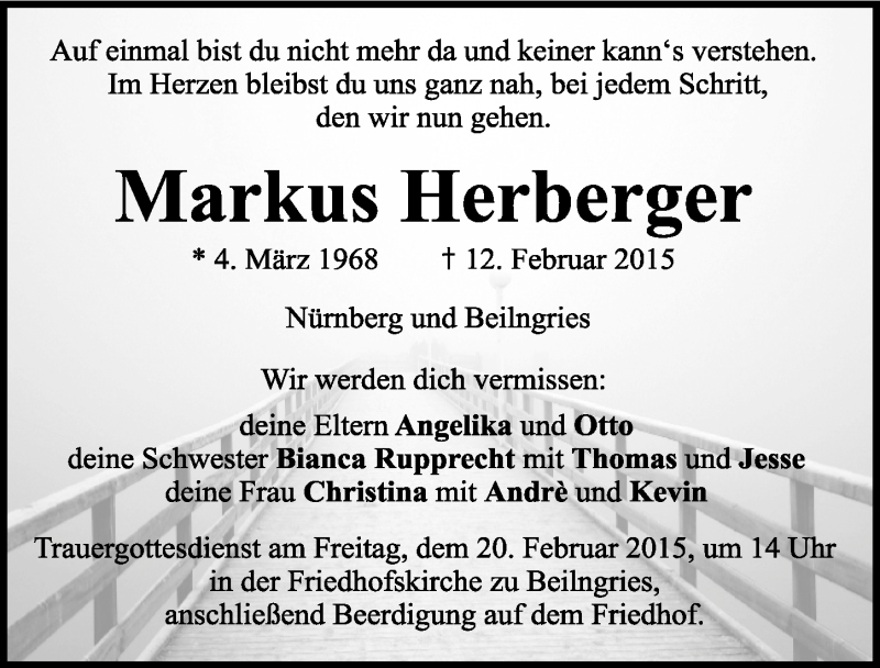  Traueranzeige für Markus Herberger vom 17.02.2015 aus Gesamtausgabe Nürnberger Nachrichten/ Nürnberger Ztg.