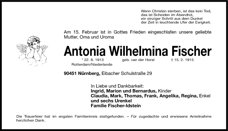  Traueranzeige für Antonia Wilhelmina Fischer vom 21.03.2015 aus Gesamtausgabe Nürnberger Nachrichten/ Nürnberger Ztg.