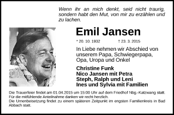 Traueranzeige von Emil Jansen von Gesamtausgabe Nürnberger Nachrichten/ Nürnberger Ztg.