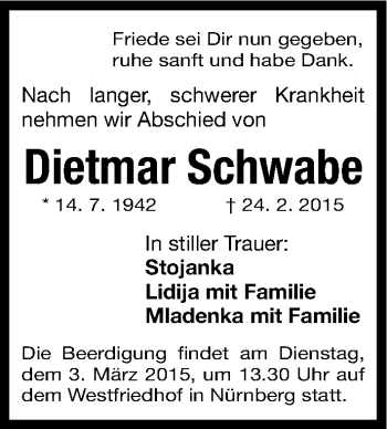 Traueranzeige von Dietmar Schwabe von Gesamtausgabe Nürnberger Nachrichten/ Nürnberger Ztg.