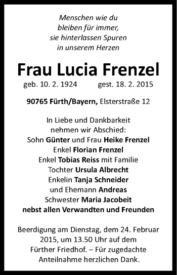 Traueranzeige von Lucia Frenzel von Fürther Nachrichten Lokal