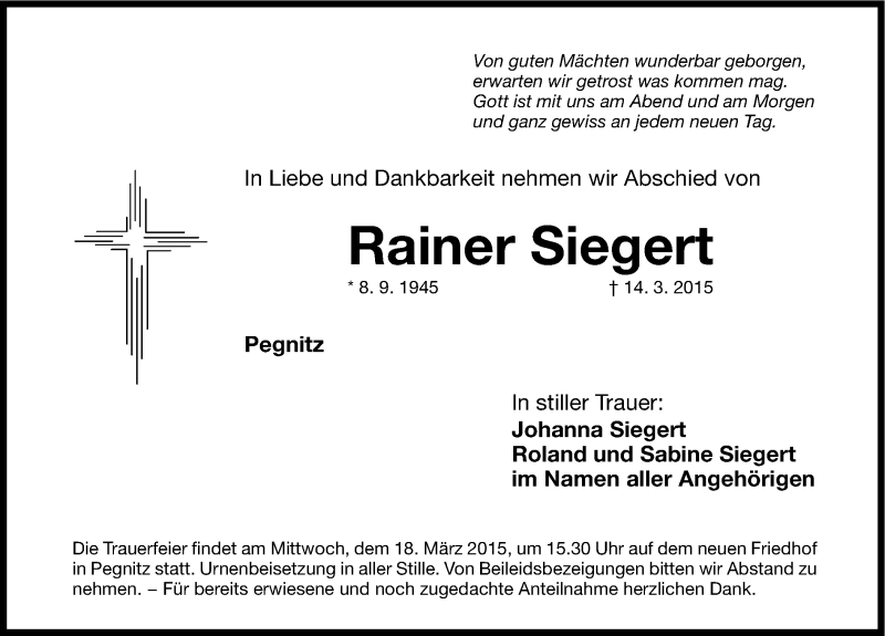  Traueranzeige für Rainer Siegert vom 16.03.2015 aus Nordbayerische Nachrichten Pegnitz Lokal