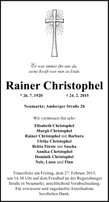 Traueranzeige von Rainer Christophel von Neumarkter Nachrichten Lokal