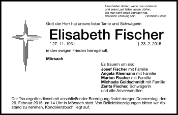 Traueranzeige von Elisabeth Fischer von Altmühl-Bote Lokal