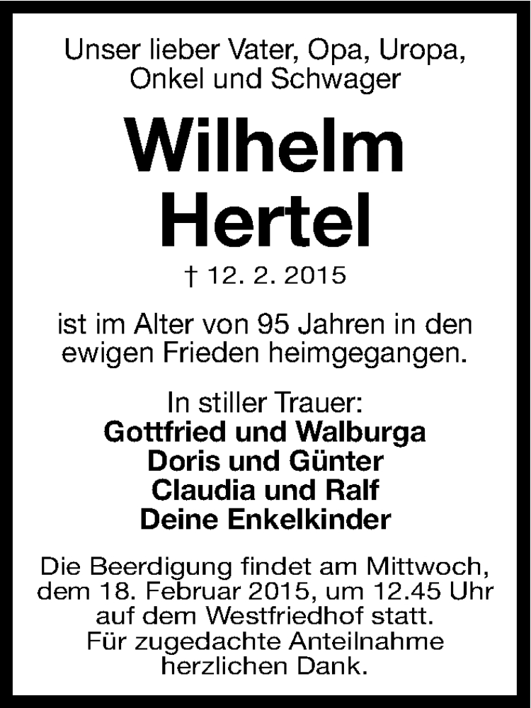  Traueranzeige für Wilhelm Hertel vom 14.02.2015 aus Gesamtausgabe Nürnberger Nachrichten/ Nürnberger Ztg.