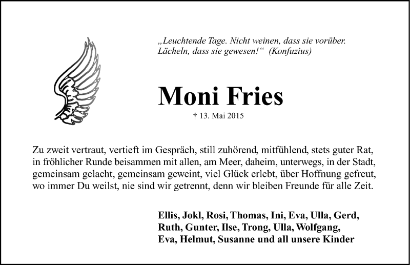 Traueranzeige für Monika Fries vom 18.05.2015 aus Erlanger Nachrichten Lokal