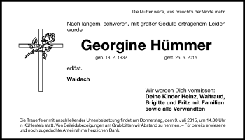 Traueranzeige von Georgine Hümmer von Nordbayerische Nachrichten Pegnitz Lokal