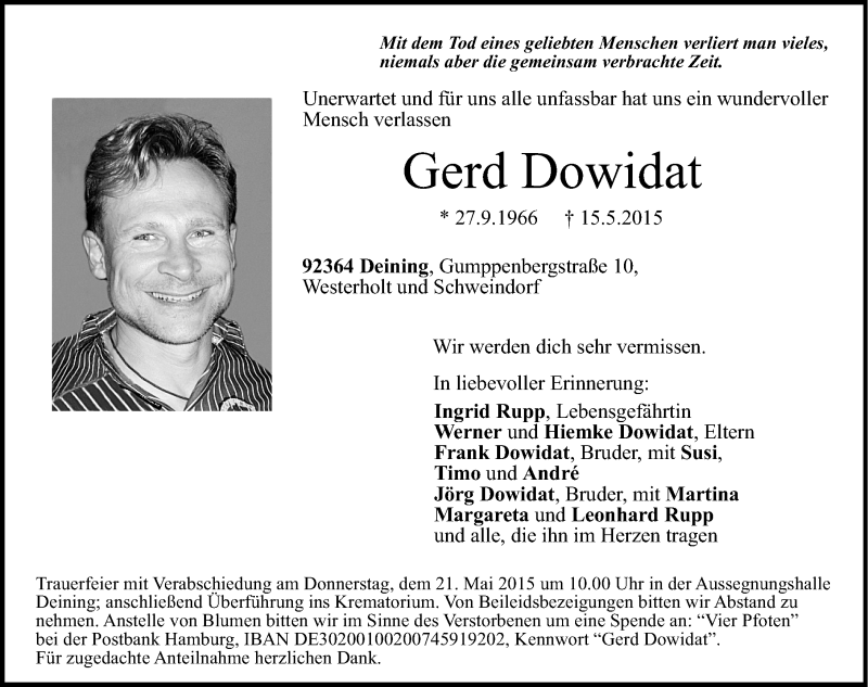  Traueranzeige für Gerd Dowidat vom 19.05.2015 aus Neumarkter Nachrichten Lokal