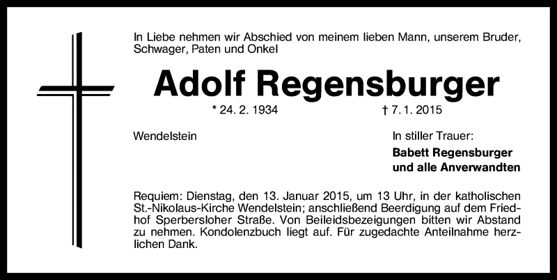  Traueranzeige für Adolf Regensburger vom 10.01.2015 aus Schwabach