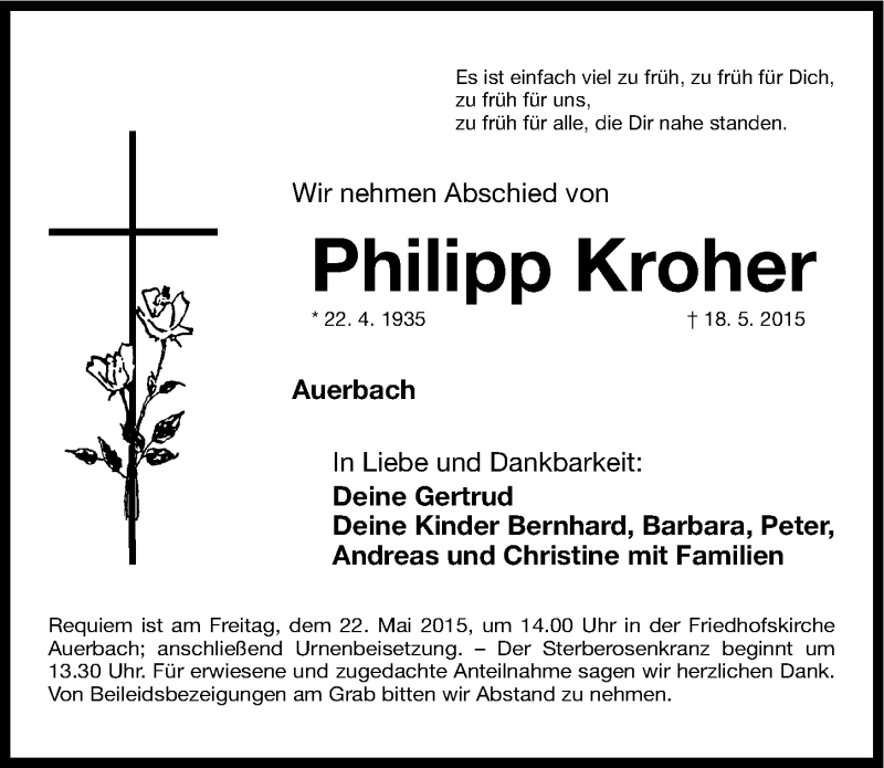  Traueranzeige für Philipp Kroher vom 20.05.2015 aus Nordbayerische Nachrichten Pegnitz Lokal