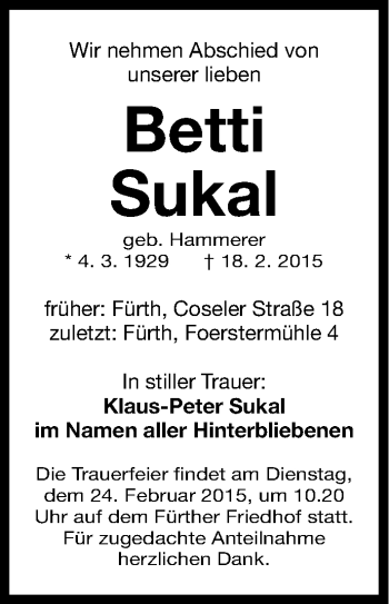 Traueranzeige von Betti Sukal von Fürther Nachrichten Lokal