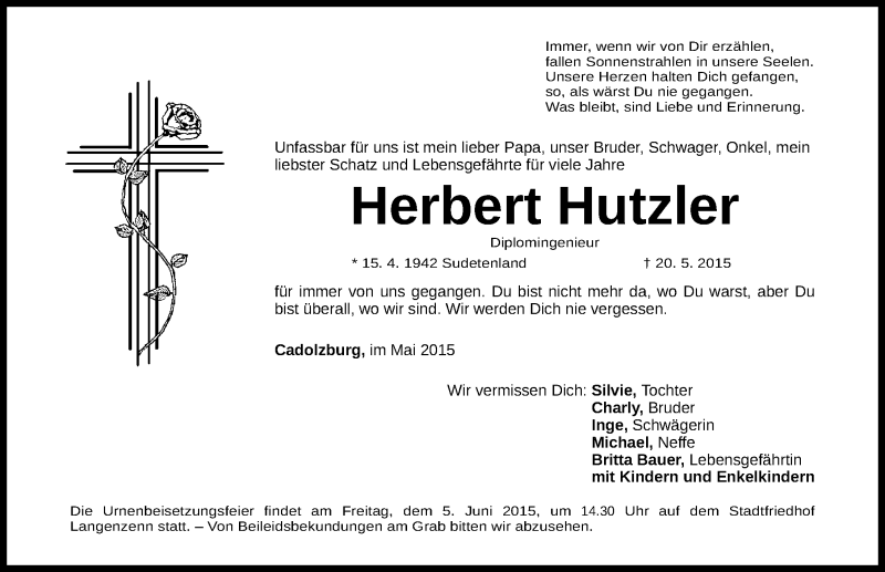  Traueranzeige für Herbert Hutzler vom 03.06.2015 aus Fürther Nachrichten Lokal