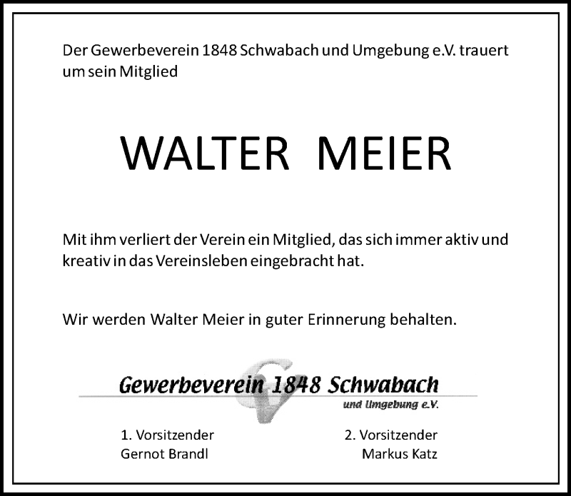  Traueranzeige für Walter Meyer vom 04.08.2015 aus Schwabach