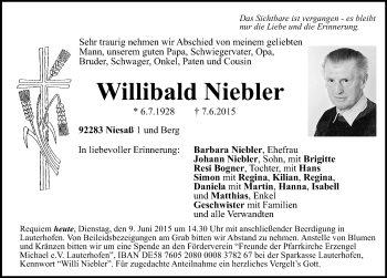 Traueranzeige von Willibald Niebler von Neumarkter Nachrichten Lokal