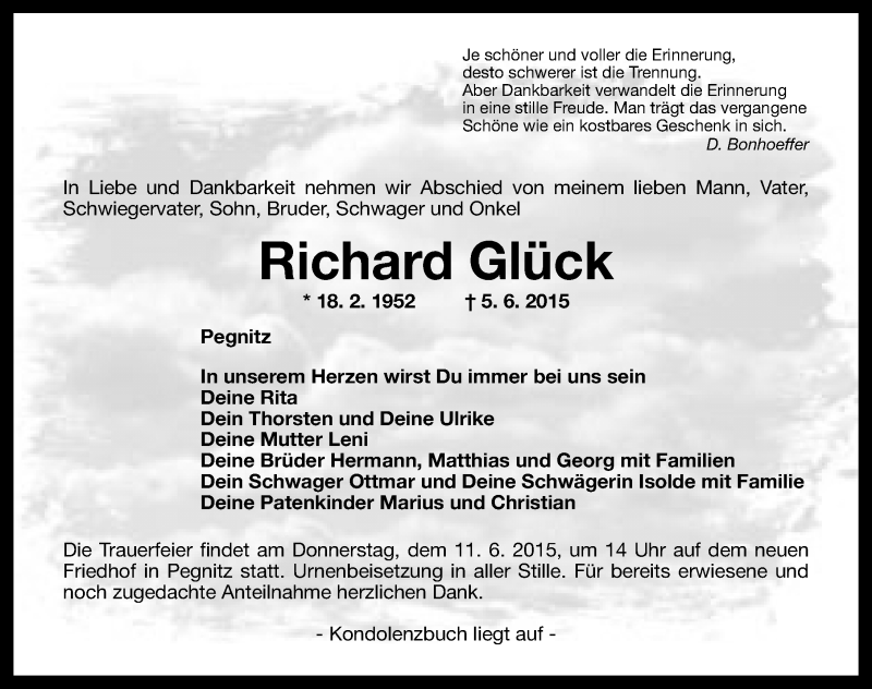  Traueranzeige für Richard Glück vom 10.06.2015 aus Nordbayerische Nachrichten Pegnitz Lokal