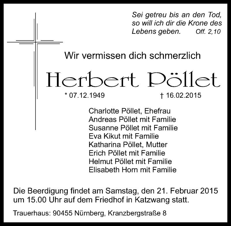  Traueranzeige für Herbert Pöllet vom 19.02.2015 aus Gesamtausgabe Nürnberger Nachrichten/ Nürnberger Ztg.