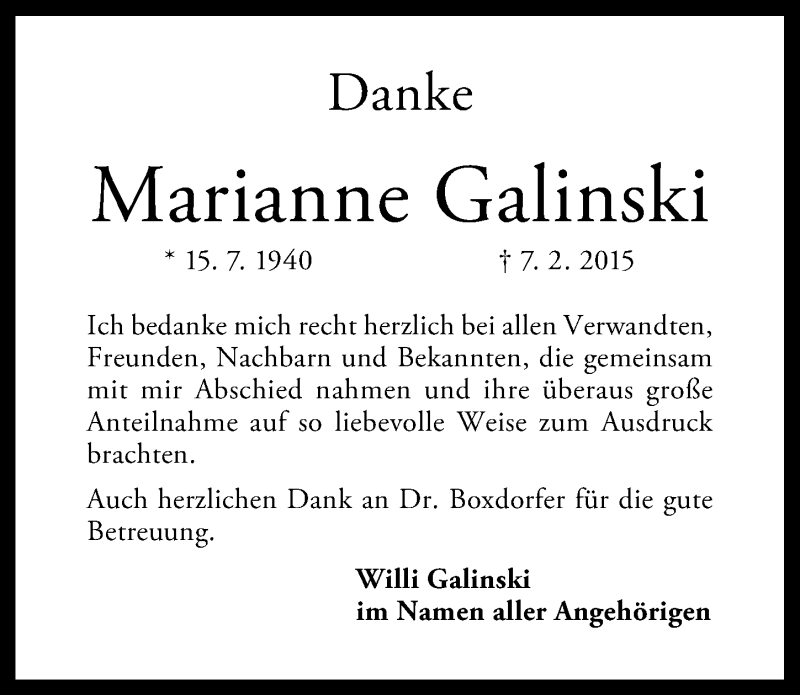  Traueranzeige für Marianne Galinski vom 14.02.2015 aus Schwabach