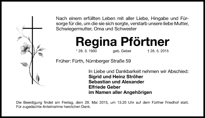  Traueranzeige für Regina Pförtner vom 28.05.2015 aus Gesamtausgabe Nürnberger Nachrichten/ Nürnberger Ztg./ Fürther Nachrichten