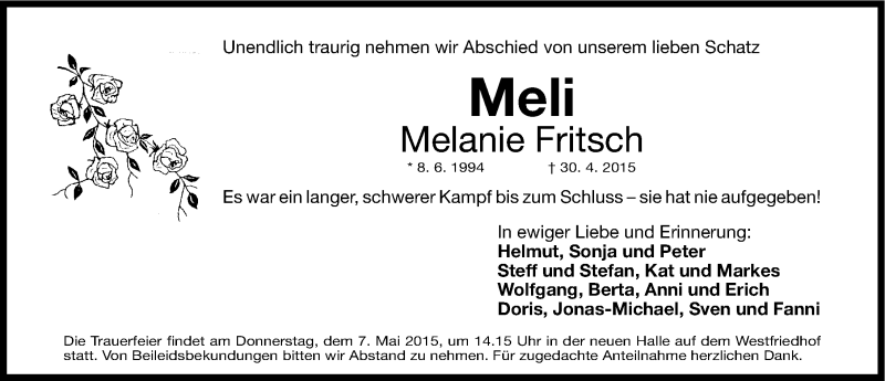  Traueranzeige für Melanie Fritsch vom 04.05.2015 aus Gesamtausgabe Nürnberger Nachrichten/ Nürnberger Ztg.
