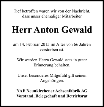 Traueranzeige von Anton Gewald von Nordbayerische Nachrichten Forchheim Lokal