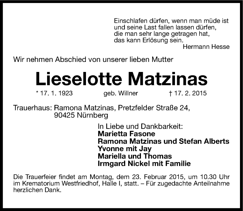  Traueranzeige für Lieselotte Matzinas vom 20.02.2015 aus Gesamtausgabe Nürnberger Nachrichten/ Nürnberger Ztg.