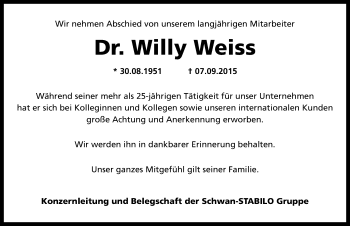 Traueranzeige von Willy Weiss von Gesamtausgabe Nürnberger Nachrichten/ Nürnberger Ztg.