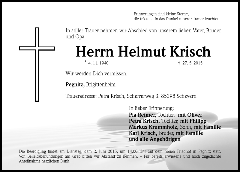  Traueranzeige für Helmut Krisch vom 30.05.2015 aus Nordbayerische Nachrichten Pegnitz Lokal