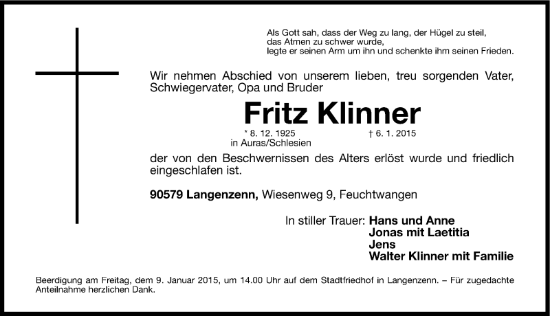  Traueranzeige für Fritz Klinner vom 08.01.2015 aus Fürther Nachrichten Lokal