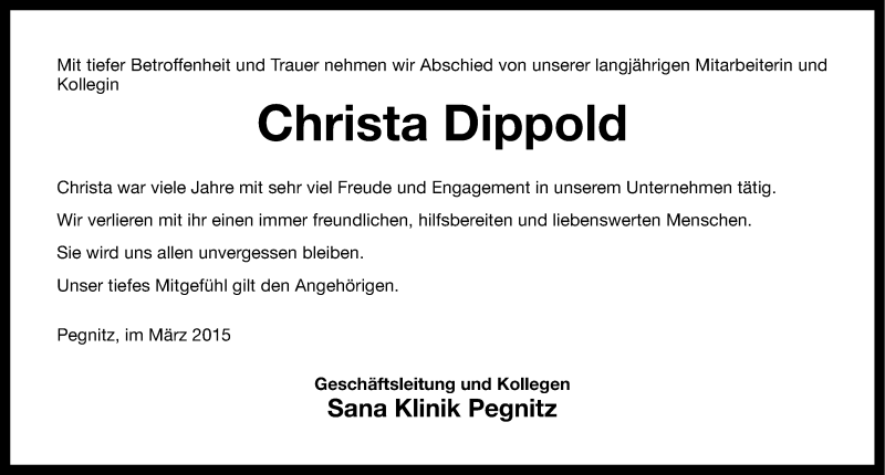  Traueranzeige für Christa Dippold vom 05.03.2015 aus Nordbayerische Nachrichten Pegnitz Lokal
