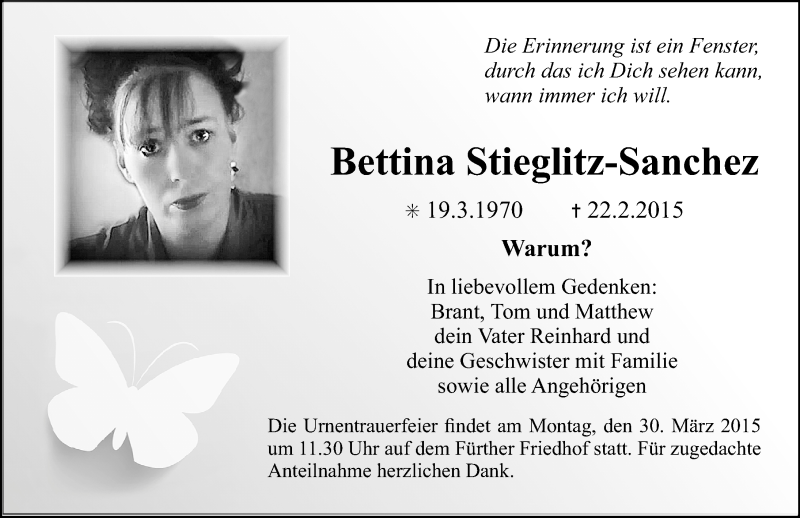  Traueranzeige für Bettina Stieglitz-Sanchez vom 21.03.2015 aus Fürther Nachrichten Lokal