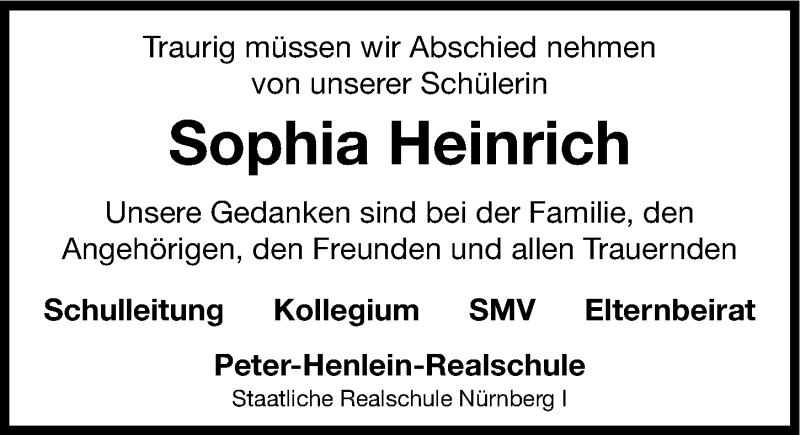  Traueranzeige für Sophia Heinrich vom 01.04.2015 aus Gesamtausgabe Nürnberger Nachrichten/ Nürnberger Ztg.