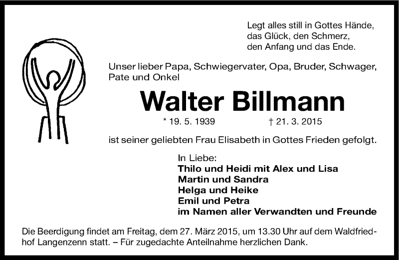  Traueranzeige für Walter Billmann vom 24.03.2015 aus Fürther Nachrichten Lokal
