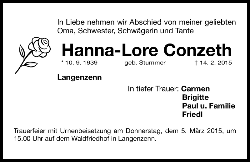  Traueranzeige für Hanna-Lore Conzeth vom 03.03.2015 aus Fürther Nachrichten Lokal