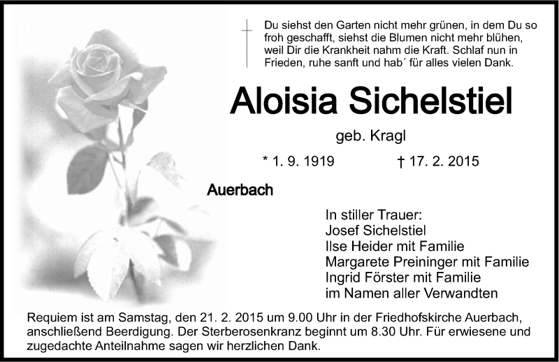  Traueranzeige für Aloisia Sichelstiel vom 19.02.2015 aus Nordbayerische Nachrichten Pegnitz Lokal