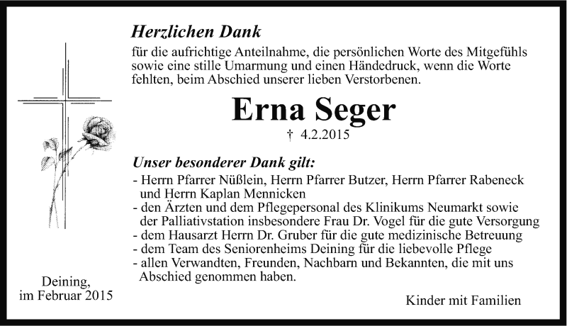  Traueranzeige für Erna Seger vom 21.02.2015 aus Neumarkter Nachrichten Lokal