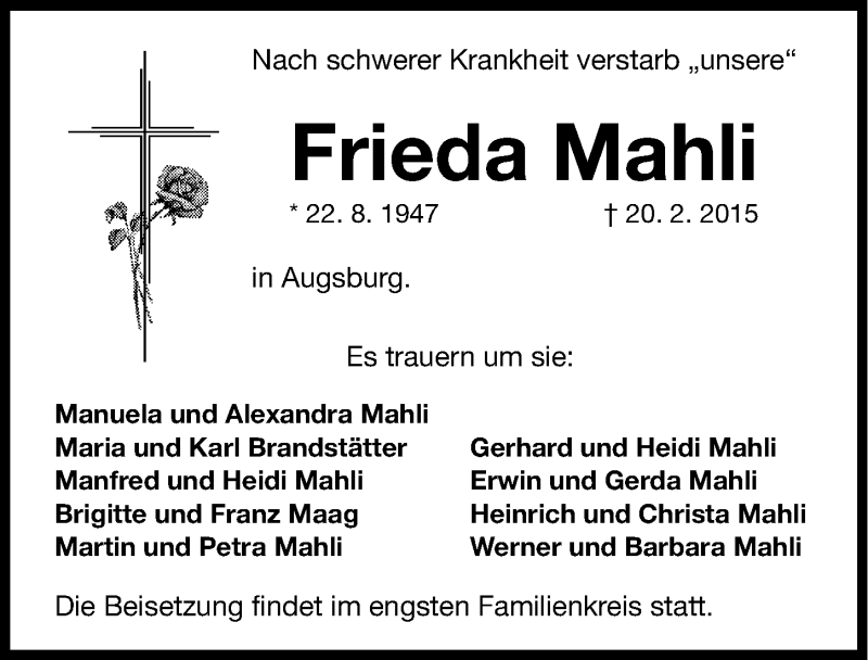  Traueranzeige für Frieda Mahli vom 25.02.2015 aus Altmühl-Bote Lokal
