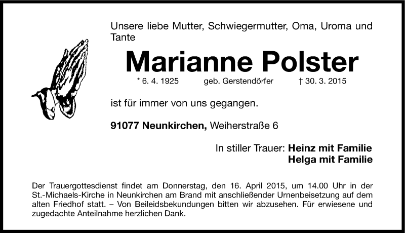  Traueranzeige für Marianne Polster vom 13.04.2015 aus Nordbayerische Nachrichten Forchheim Lokal