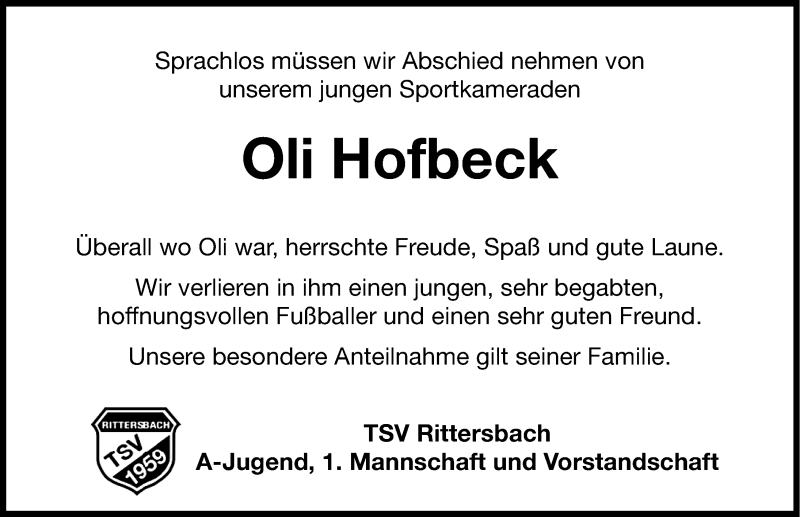  Traueranzeige für Oli Hofbeck vom 06.01.2015 aus Roth-Hilpoltsteiner Volkszeitung Lokal
