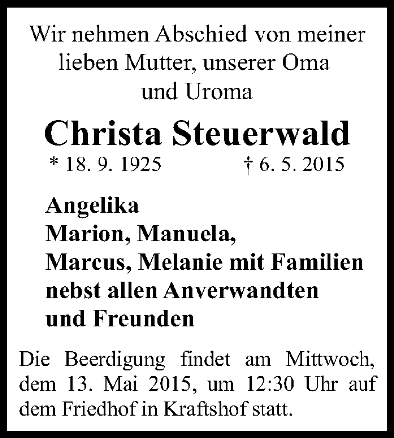  Traueranzeige für Christa Steuerwald vom 09.05.2015 aus Gesamtausgabe Nürnberger Nachrichten/ Nürnberger Ztg.