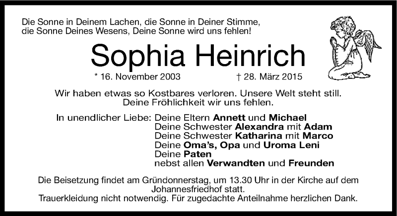  Traueranzeige für Sophia Heinrich vom 31.03.2015 aus Gesamtausgabe Nürnberger Nachrichten/ Nürnberger Ztg.