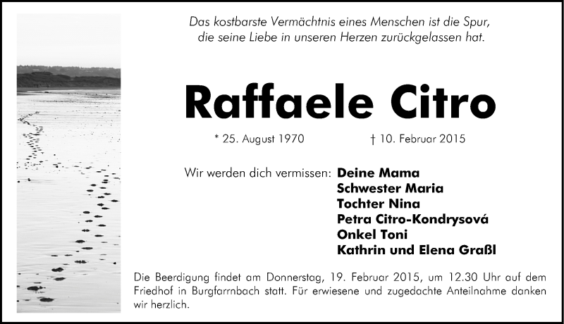  Traueranzeige für Raffaele Citro vom 17.02.2015 aus Fürther Nachrichten Lokal