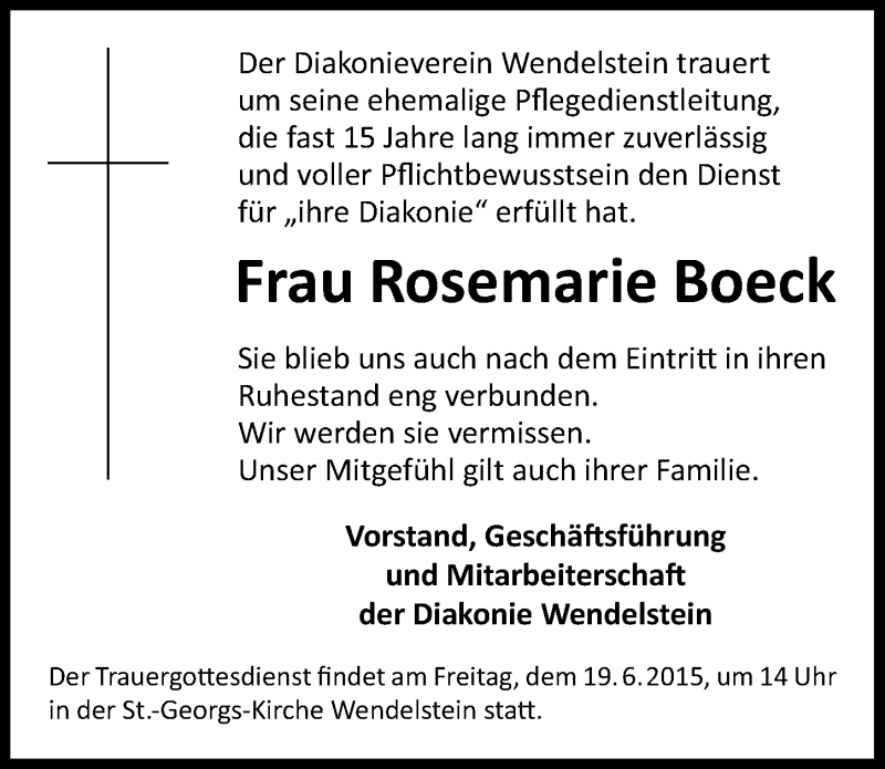  Traueranzeige für Rosemarie Boeck vom 16.06.2015 aus Schwabach