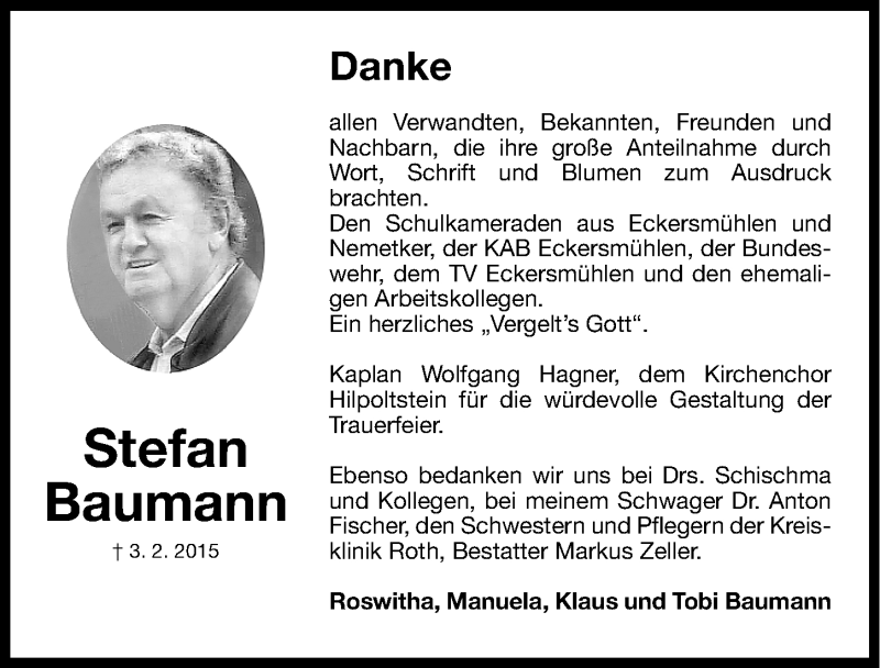  Traueranzeige für Stefan Baumann vom 14.02.2015 aus Roth-Hilpoltsteiner Volkszeitung Lokal