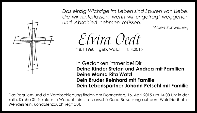  Traueranzeige für Elvira Oedt vom 11.04.2015 aus Schwabach