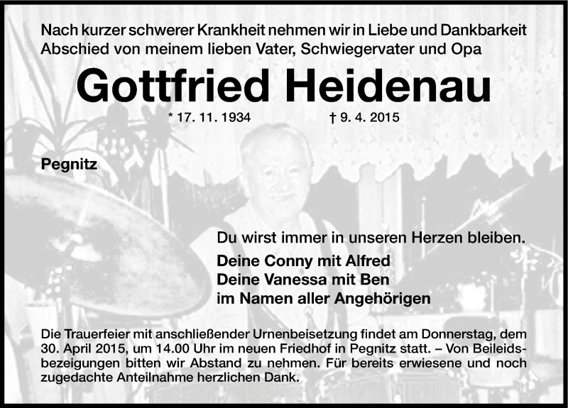 Traueranzeige für Gottfried Heidenau vom 27.04.2015 aus Nordbayerische Nachrichten Pegnitz Lokal