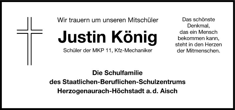  Traueranzeige für Justin König vom 07.05.2015 aus Nordbayerische Nachrichten Herzogenaurach Lokal
