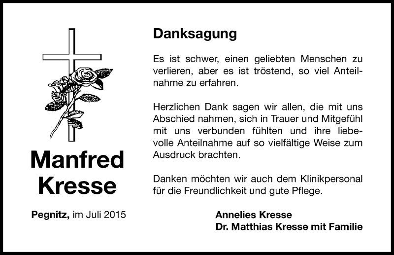  Traueranzeige für Manfred Kresse vom 11.07.2015 aus Nordbayerische Nachrichten Pegnitz Lokal